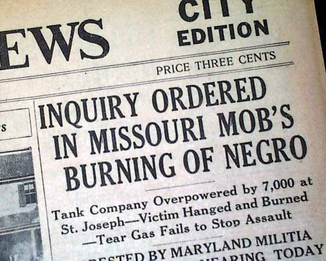 ST. JOSEPH MO Missouri Negro Lynching1933 Old Newspaper eBay