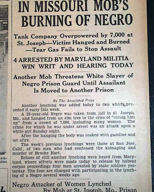 ST. JOSEPH MO Missouri Negro Lynching1933 Old Newspaper eBay