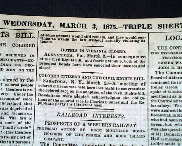 1875 NYC Newspaper CIVIL RIGHTS ACT President Ulysses S. Grant Signs