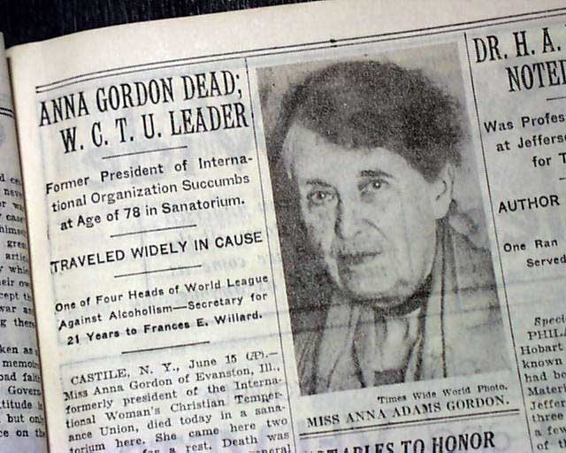 ANNA ADAMS GORDON Woman's Christian Temperance Union Head DEATH 1931