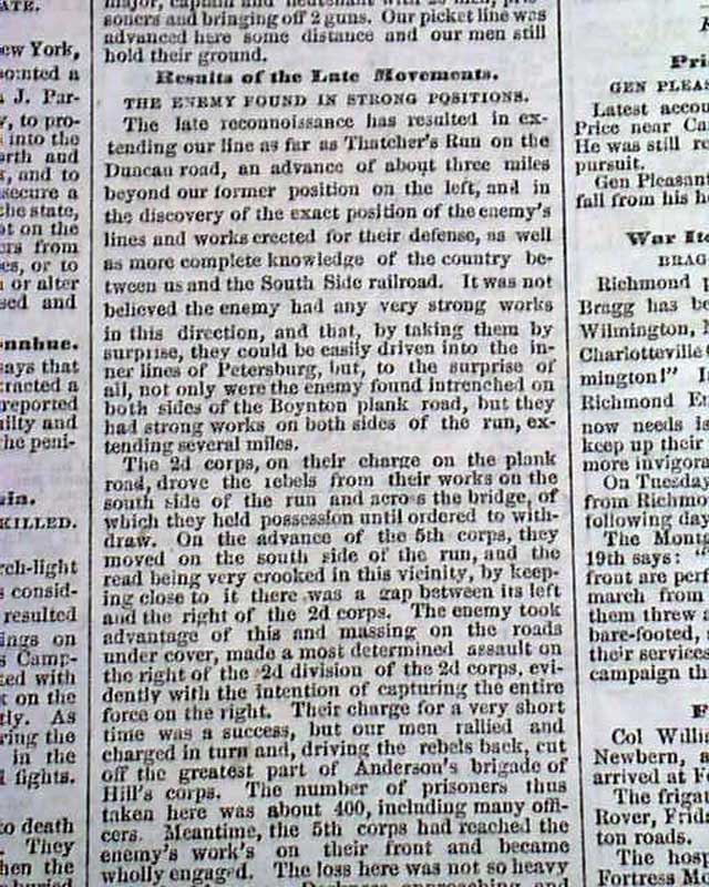 BATTLE OF BOYDTON PLANK ROAD Petersburg VA Virginia 1864 Old Civil War