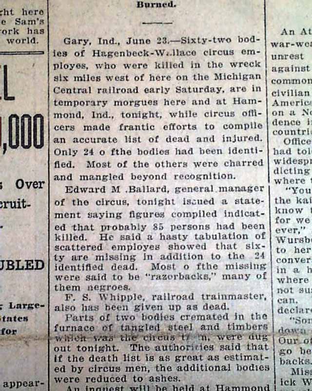 HAMMOND CIRCUS TRAIN WRECK Indiana IN in 1918 Newspaper eBay