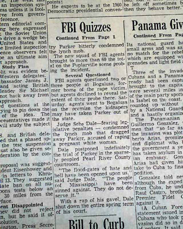POPLARVILLE MS Mississippi Negro Lynching MACK PARKER White Rape 1959
