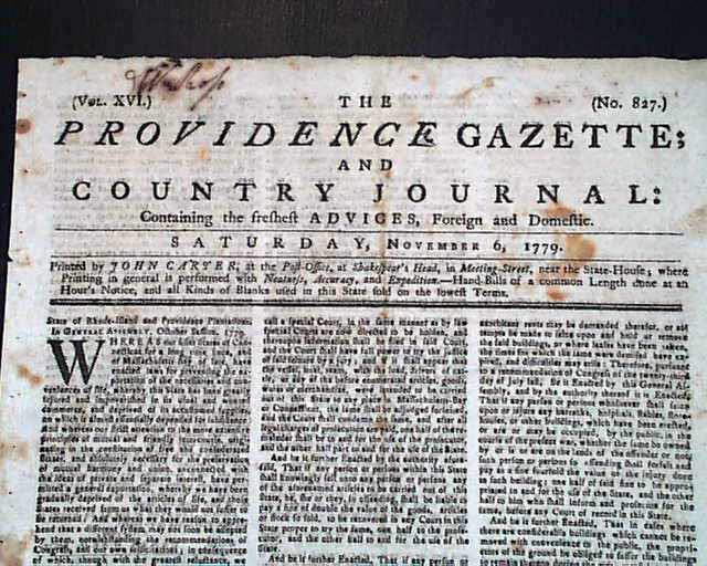 Rare REVOLUTIONARY WAR Southern Events 1779 Providence RI Rhode Island