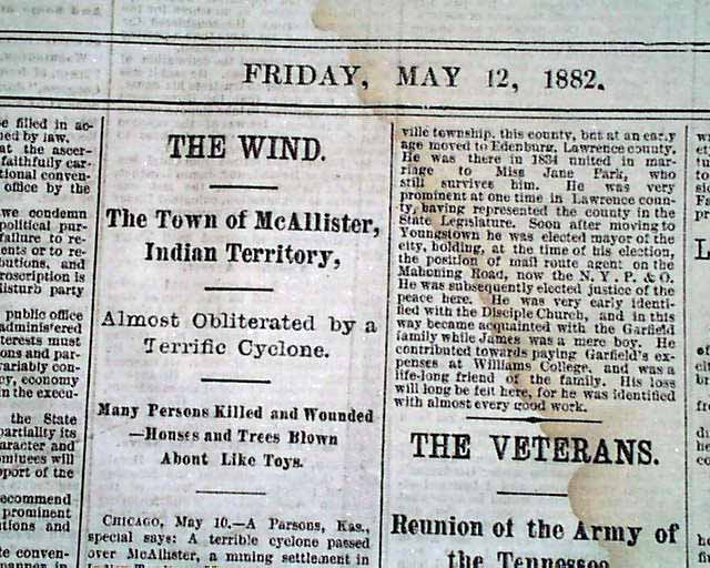 McALESTER OK Oklahoma Indian Territory TORNADO Disaster 1882 Cleveland