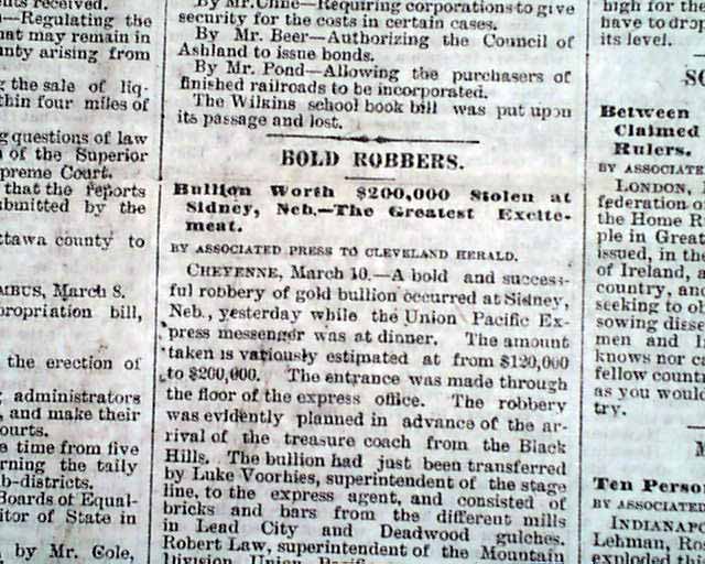 1880 Cleveland Ohio Old Newspaper SIDNEY Nebraska Bullion GOLD Robbery