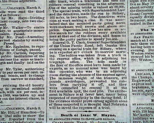 1880 Cleveland Ohio Old Newspaper SIDNEY Nebraska Bullion GOLD Robbery