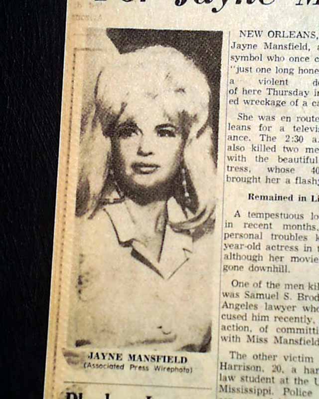 Jayne Mansfield Film Actress Playboy Playmate Sex Symbol Death 1967 Newspaper Ebay 5324