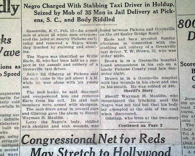 GREENVILLE SC Negro Lynching Willie Earle1947 Newspaper eBay