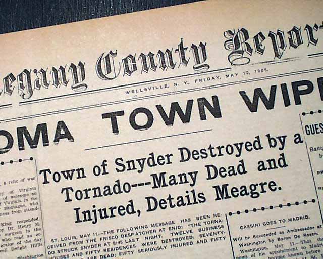 * Great 1905 Old Newspaper SNYDER OK Oklahoma Kiowa County F5 TORNADO