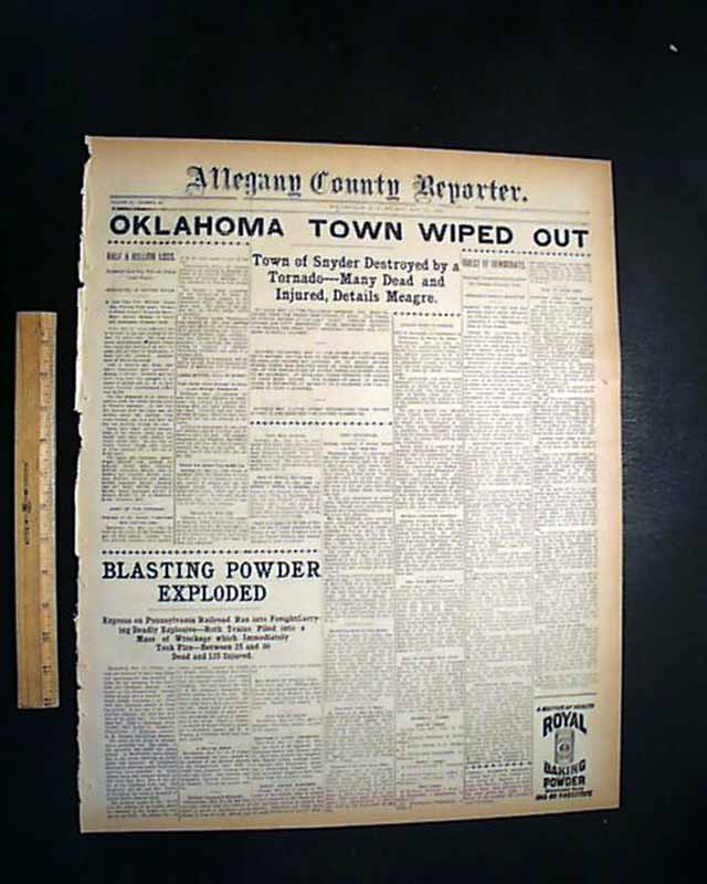 * Great 1905 Old Newspaper SNYDER OK Oklahoma Kiowa County F5 TORNADO