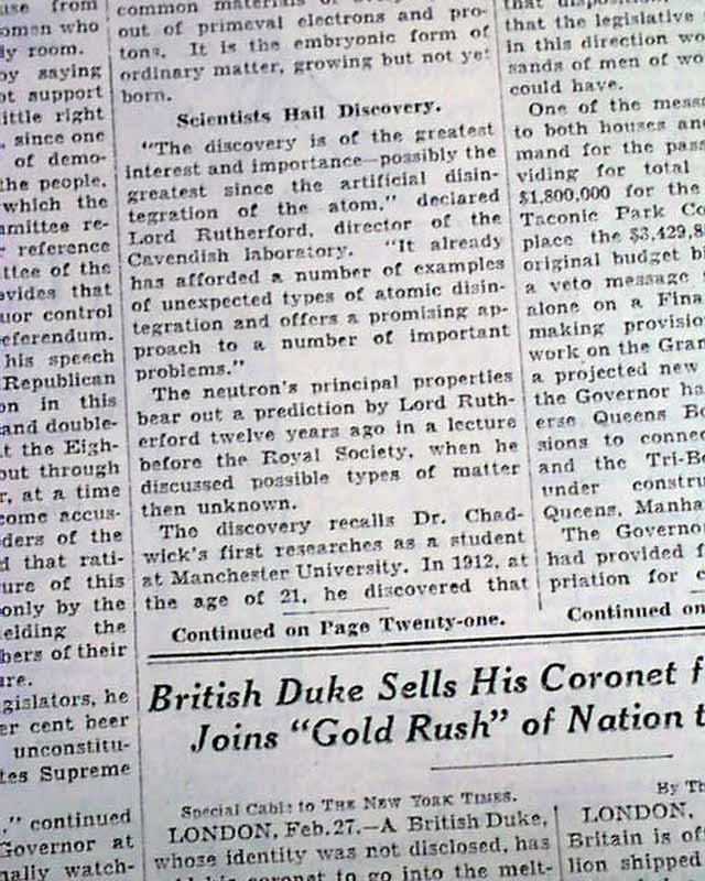 DISCOVERY OF THE NEUTRON James Chadwick Atomic Nucleus Physics 1932 NY