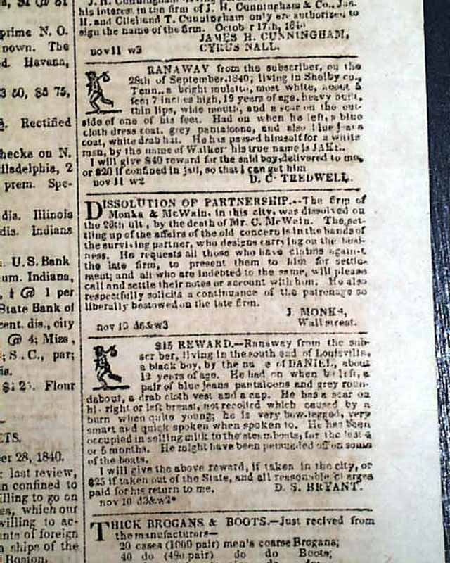 Rare LOUISVILLE KY Kentucky Illus. Negroes SLAVES Advertisements 1840