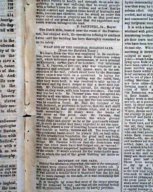 PEMBERTON MILL Factory Disaster LAWRENCE MA Fire & Roof Collapse 1860