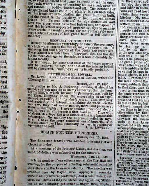 PEMBERTON MILL Factory Disaster LAWRENCE MA Fire & Roof Collapse 1860