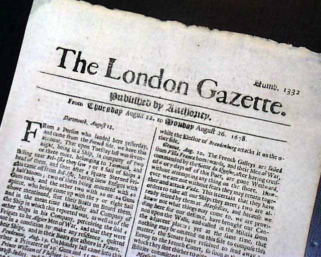1678 Newspaper EARLY Rare 17th Century 338 Years Old LONDON GAZETTE