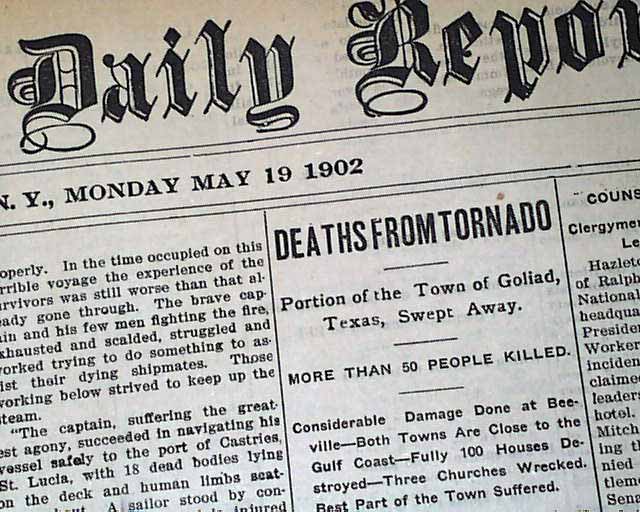 1902 Old Newspaper GOLIAD TX Texas San Antonio River TORNADO Outbreak