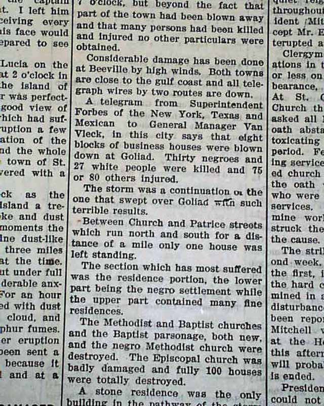 1902 Old Newspaper GOLIAD TX Texas San Antonio River TORNADO Outbreak