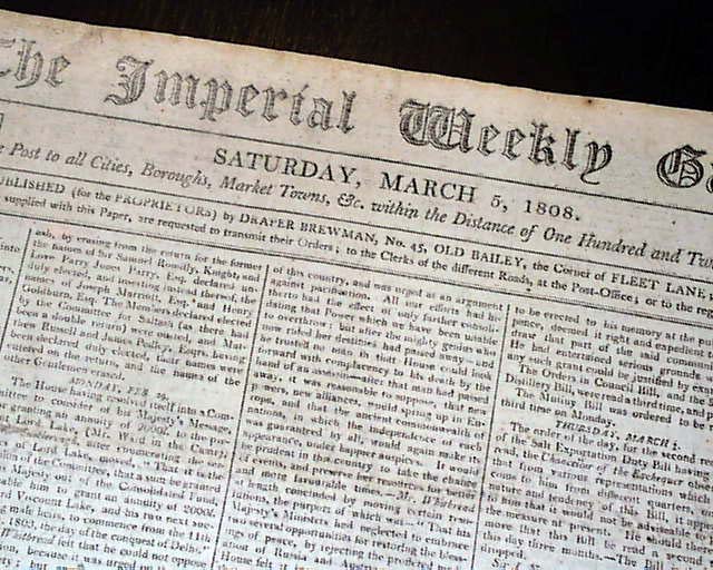 Rare & Early 19th Century LONDON ENGLAND UK Gazette 1808 Original Old