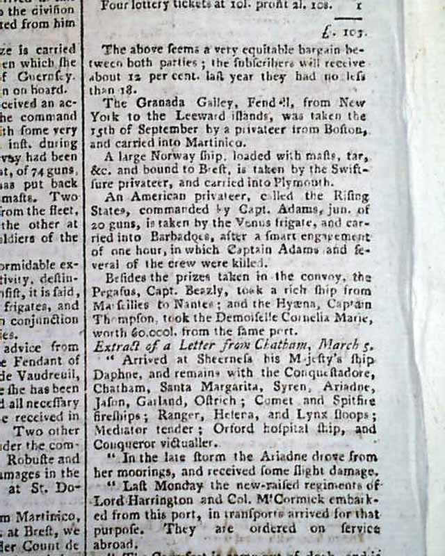   WAR Sir Henry Clinton & Admiral Mariot Arbuthnot Newspaper