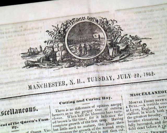 1862 Manchester New Hampshire Newspaper...