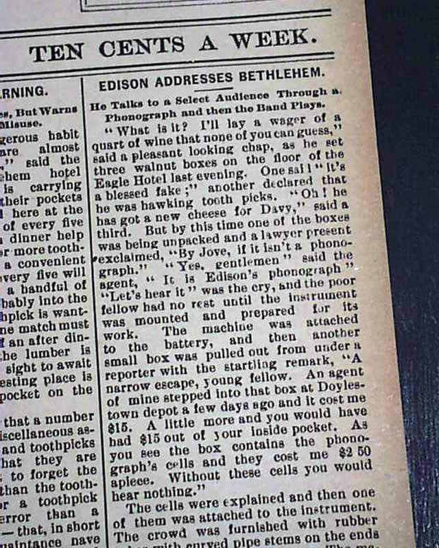 THOMAS ALVA EDISON New Phonograph Invention Used in Address 1890 Old