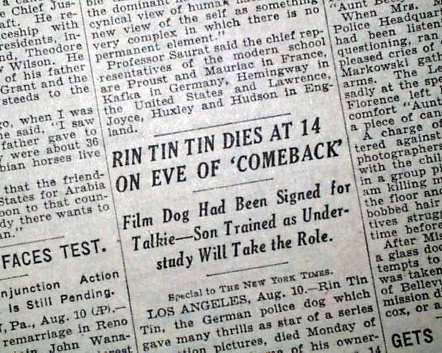 1932 Old Newspaper RIN TIN TIN Hollywood Film Dog Star & World War I