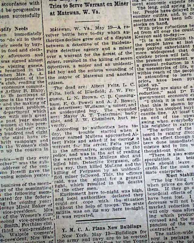 1920 Old Newspaper BATTLE OF MATEWAN Mingo County WV Coal Miners   Sid