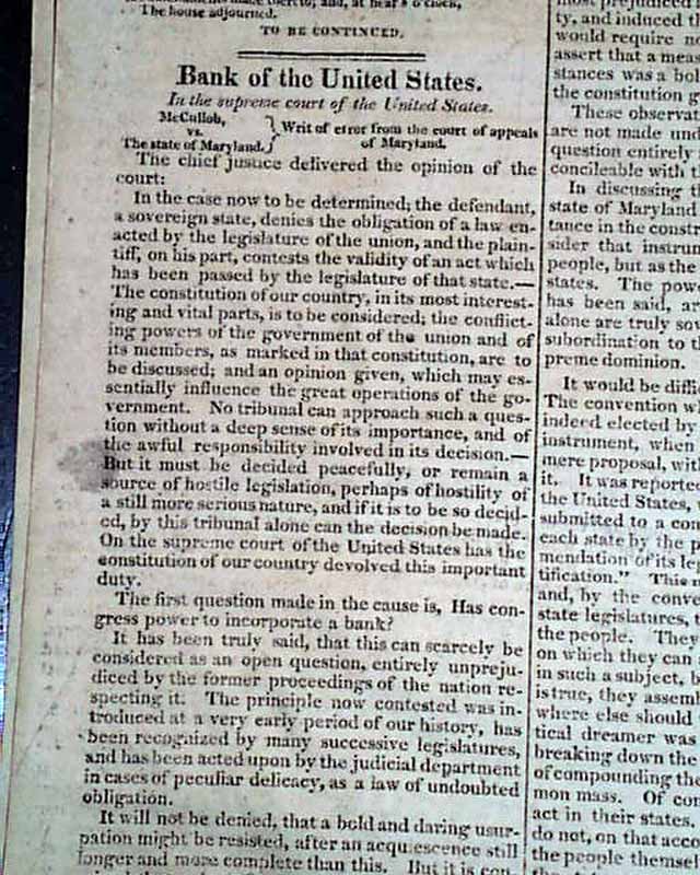 James McCULLOCH V. MARYLAND Supreme Court Landmark Case U.S. Bank 1819 ...