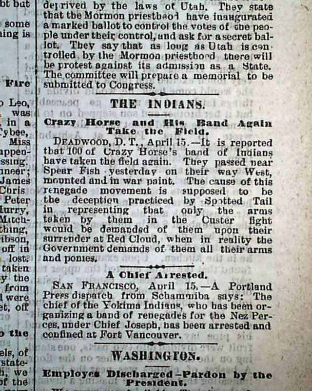 1877 Old Newspaper CHIEF CRAZY HORSE Lakota Sioux Indians on WARPATH