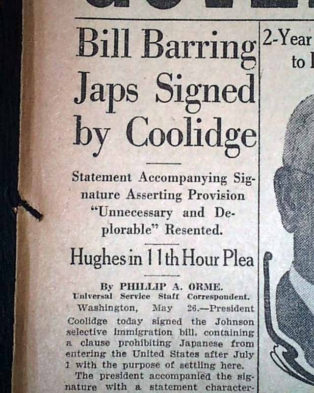 Immigration Act Of 1924 Bill Law Barring Japanese Signing 1924 Old