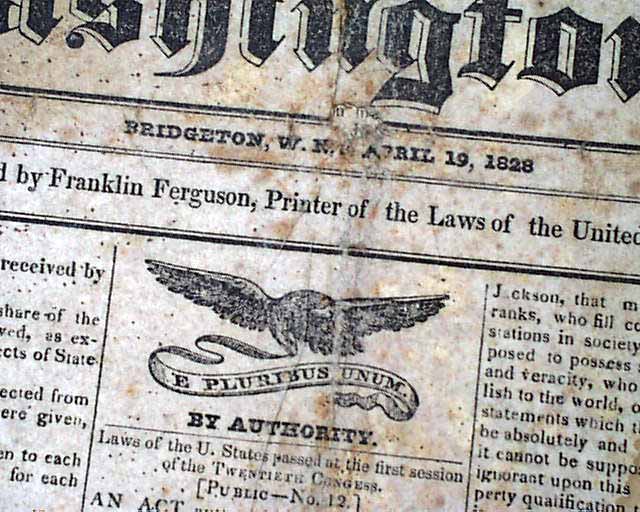 Rare 1828 Newspaper BRIDGETON NJ New Jersey Cumberland County JOHN