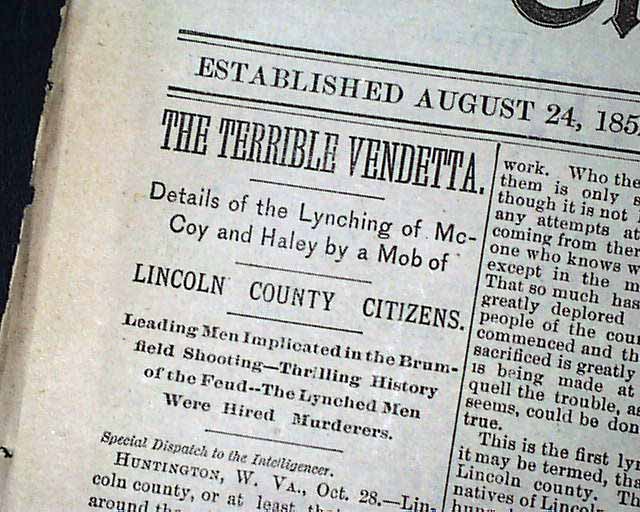 1889 Wheeling WV Newspaper LINCOLN COUNTY FEUD Hatfields McCoys HALEY