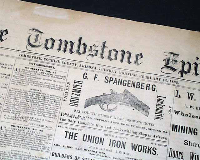 1882 TOMBSTONE AZ Wyatt Earp O.K. CORRAL Old Newspaper | EBay