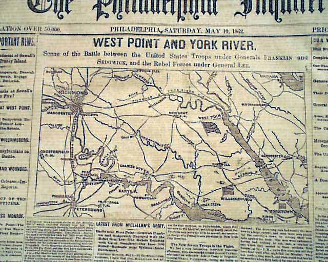 BATTLE OF ELTHAM'S LANDING West Point Civil War VIRGINIA MAP 1862 Old