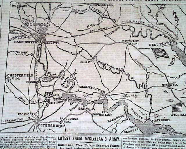 BATTLE OF ELTHAM'S LANDING West Point Civil War VIRGINIA MAP 1862 Old