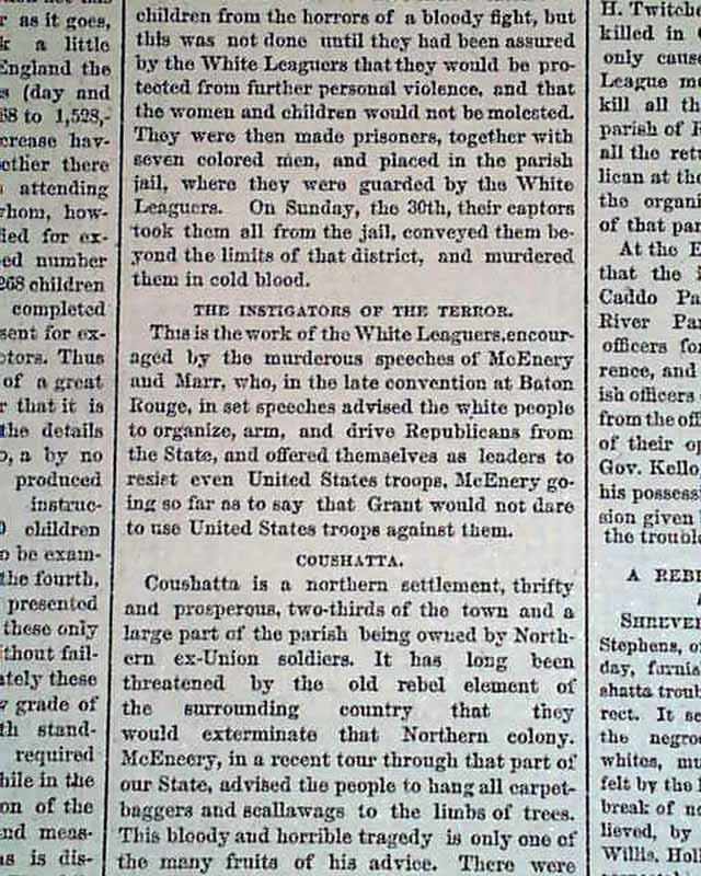 COUSHATTA MASSACRE Red River Parish LA Louisiana WHITE LEAGUE 1874 Old
