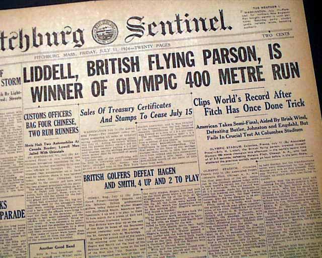 ERIC LIDDELL 400 Meter Olympics Record 1924 Newspaper *