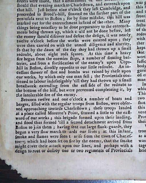 1775 Phila. PA Newspaper BATTLE OF BUNKER HILL Revolutionary War 