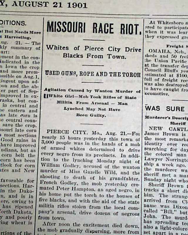 PIERCE CITY MO Negroes Banished Lynchings MISSOURI RACE RIOT 1901