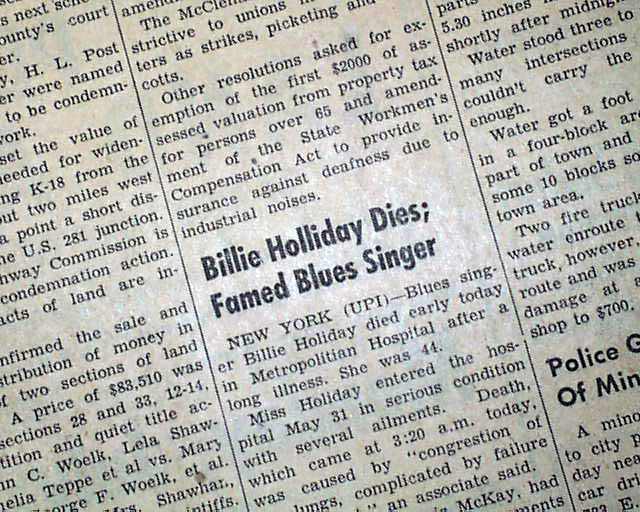 BILLIE HOLIDAY DEATH Lady Day Jazz Blues Singer 1959 Newspaper  