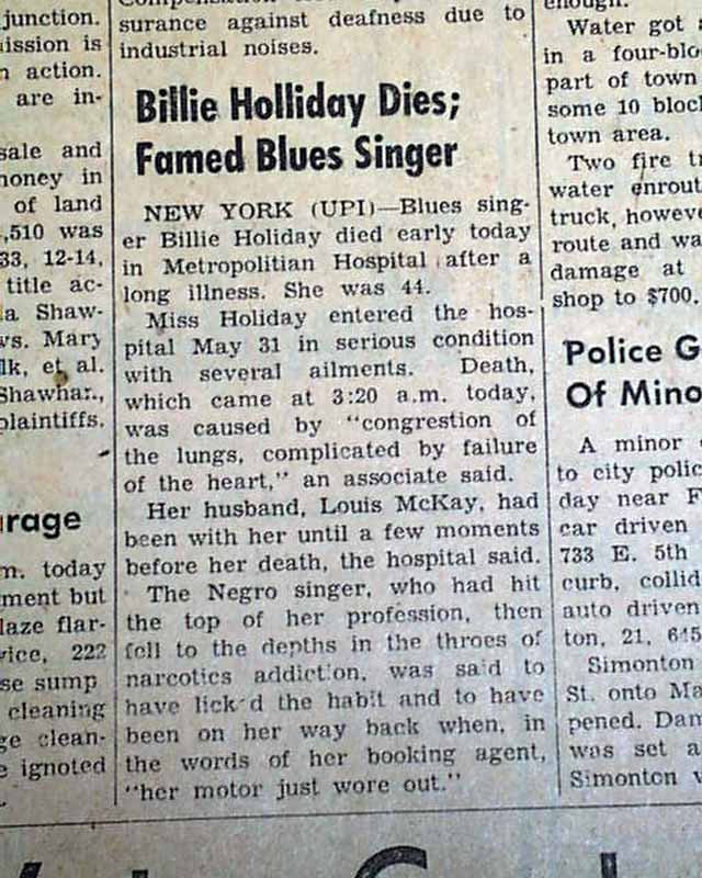 BILLIE HOLIDAY DEATH Lady Day Jazz Blues Singer 1959 Newspaper  