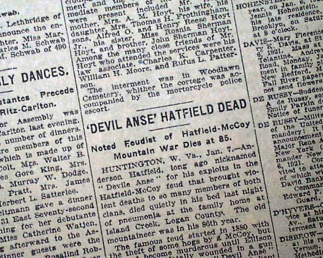 1921 Newsppaer DEVIL ANSE HATFIELDS McCoys Feud Fame DEATH Logan West