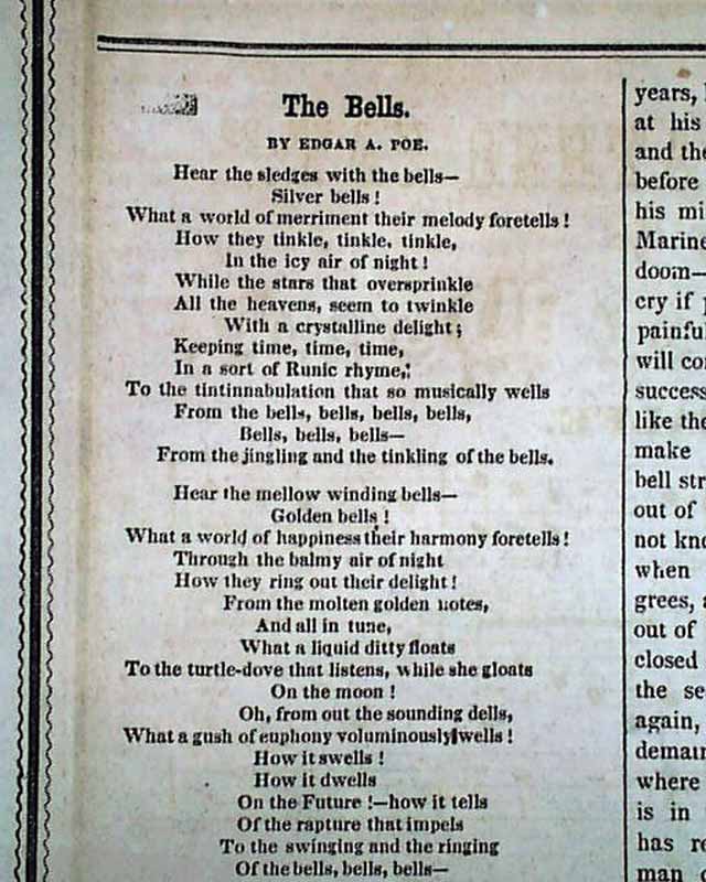 Early EDGAR ALLAN POEM Onomatopoeic Poem Diacopic THE BELLS 1849 Old Newspaper eBay