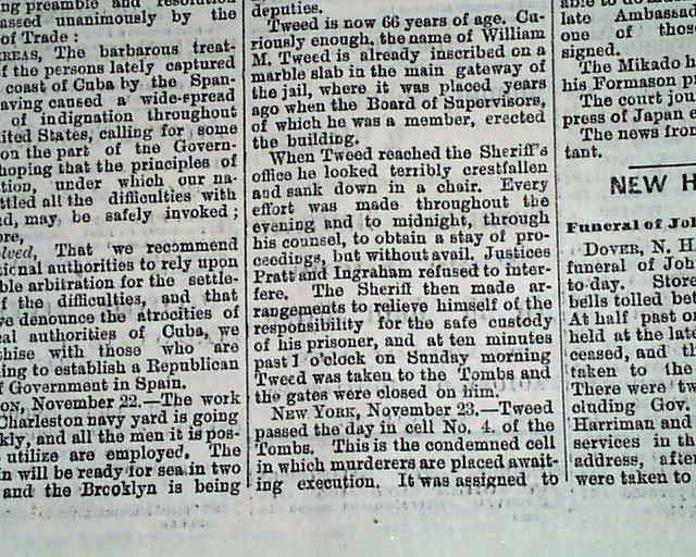 William M. BOSS TWEED Tammany Hall Scandal JAIL Sentence 1873 Old Newspaper
