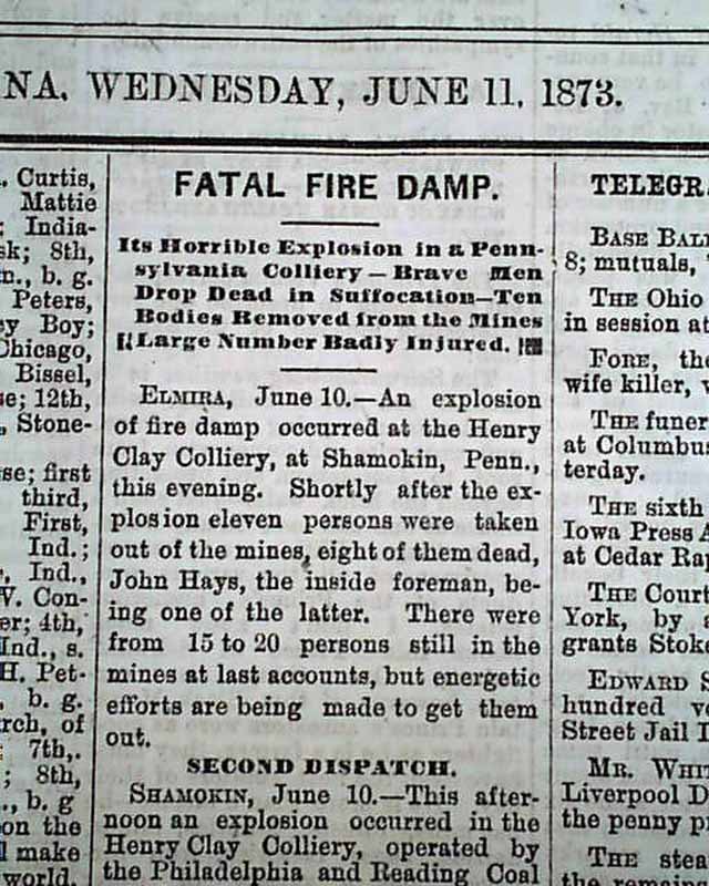 SHAMOKIN PA Pennsylvania Fire Damp Coal Mine EXPLOSION Disaster 1873