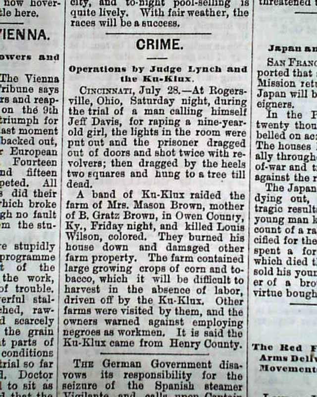 OWEN COUNTY Kentucky KKK Ku Klux Klan & Rogersville Ohio Lynching 1873 Newspaper eBay