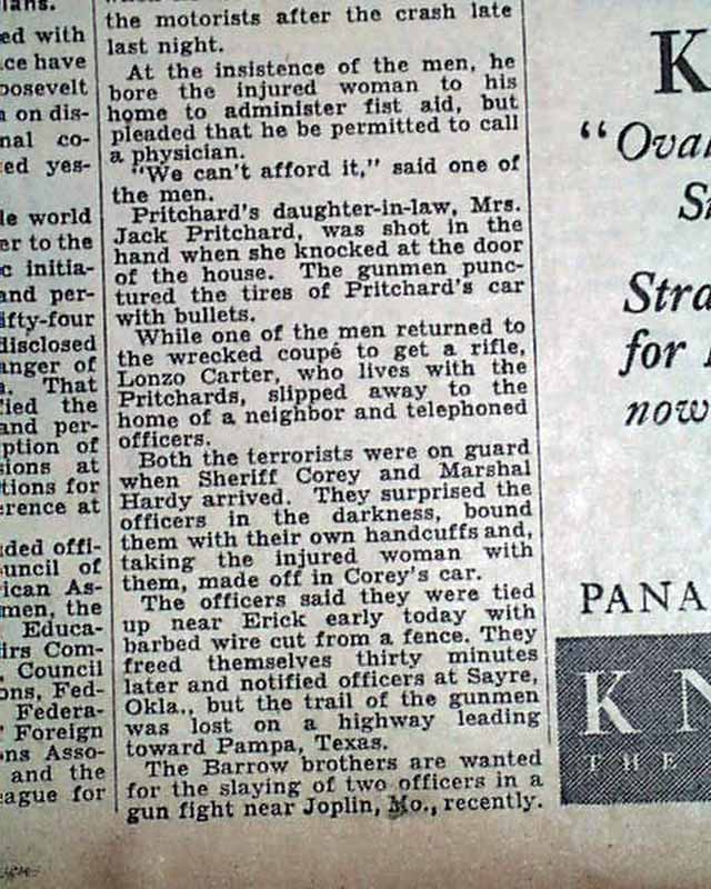 BONNIE & CLYDE Parker Injury & Barrow Kidnapping Murders Police 1933