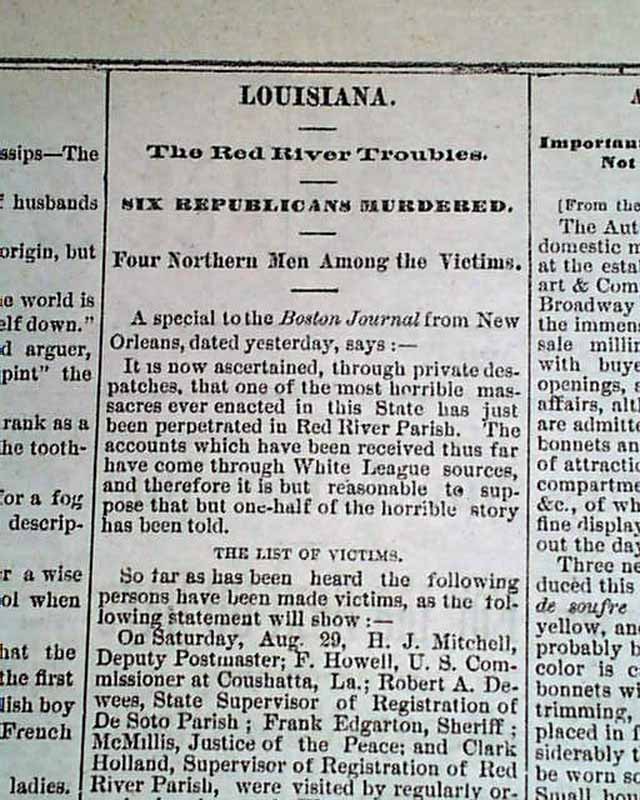 COUSHATTA MASSACRE Red River Parish LA Louisiana WHITE LEAGUE 1874 Old