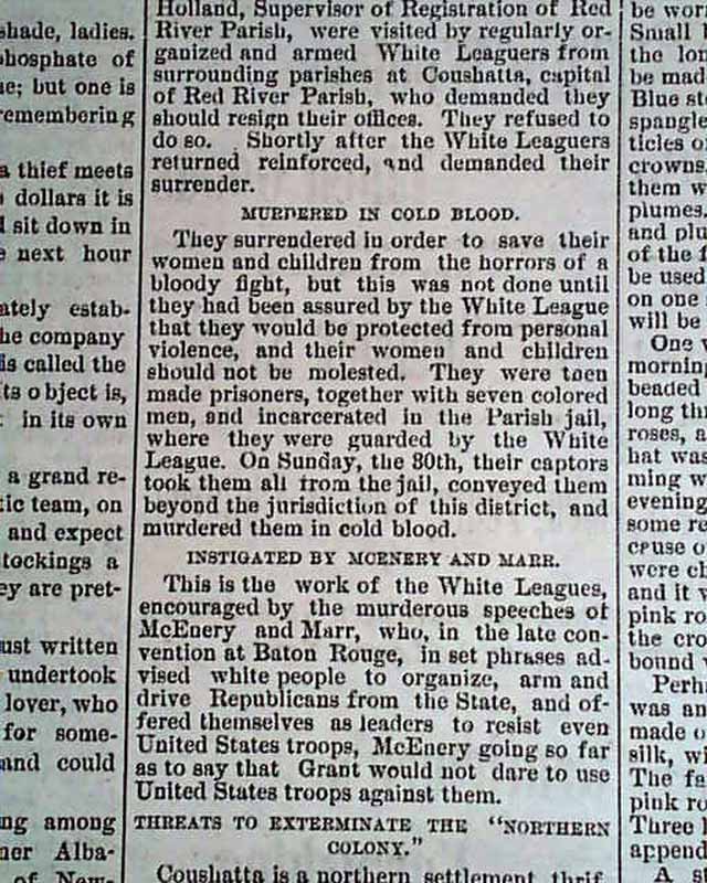 COUSHATTA MASSACRE Red River Parish LA Louisiana WHITE LEAGUE 1874 Old